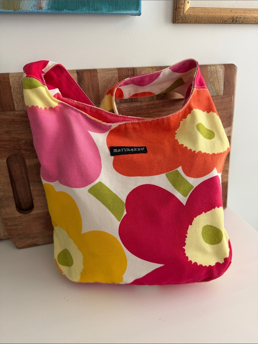 Marimekko Vintage Pink Yellow & Orange Unikko Poppy Pattern Shoulder Boho Bag